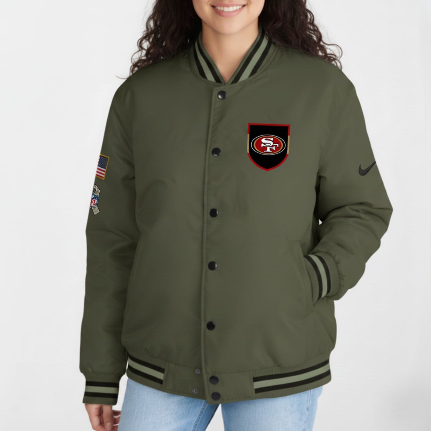San Francisco 49ers Nike Women's 2025 Salute to Service Varsity Jacket