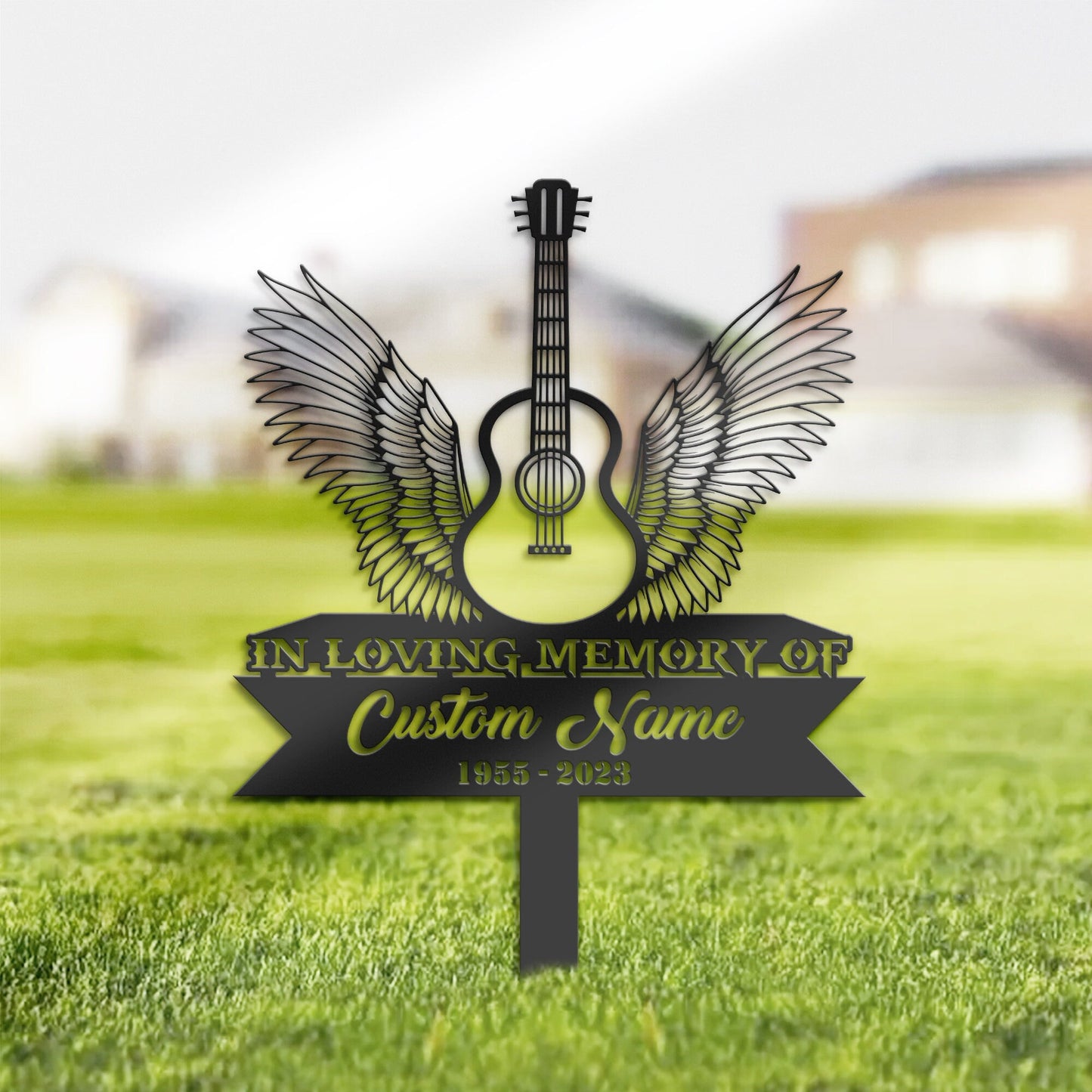 Personalized Acoustic guitar angel wings Memorial Stake, Metal Stake, Sympathy Sign, Grave Marker, Remembrance Stake