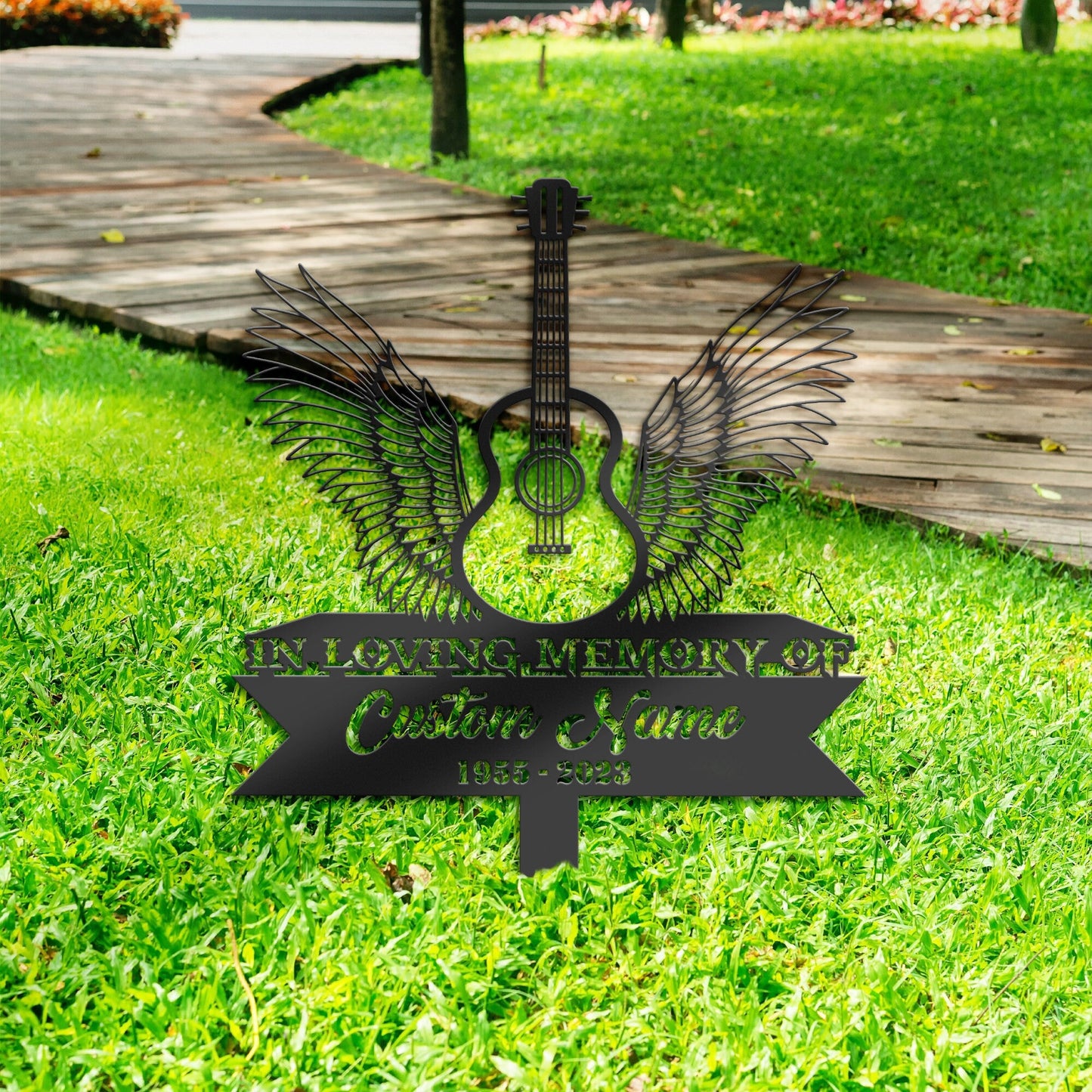 Personalized Acoustic guitar angel wings Memorial Stake, Metal Stake, Sympathy Sign, Grave Marker, Remembrance Stake