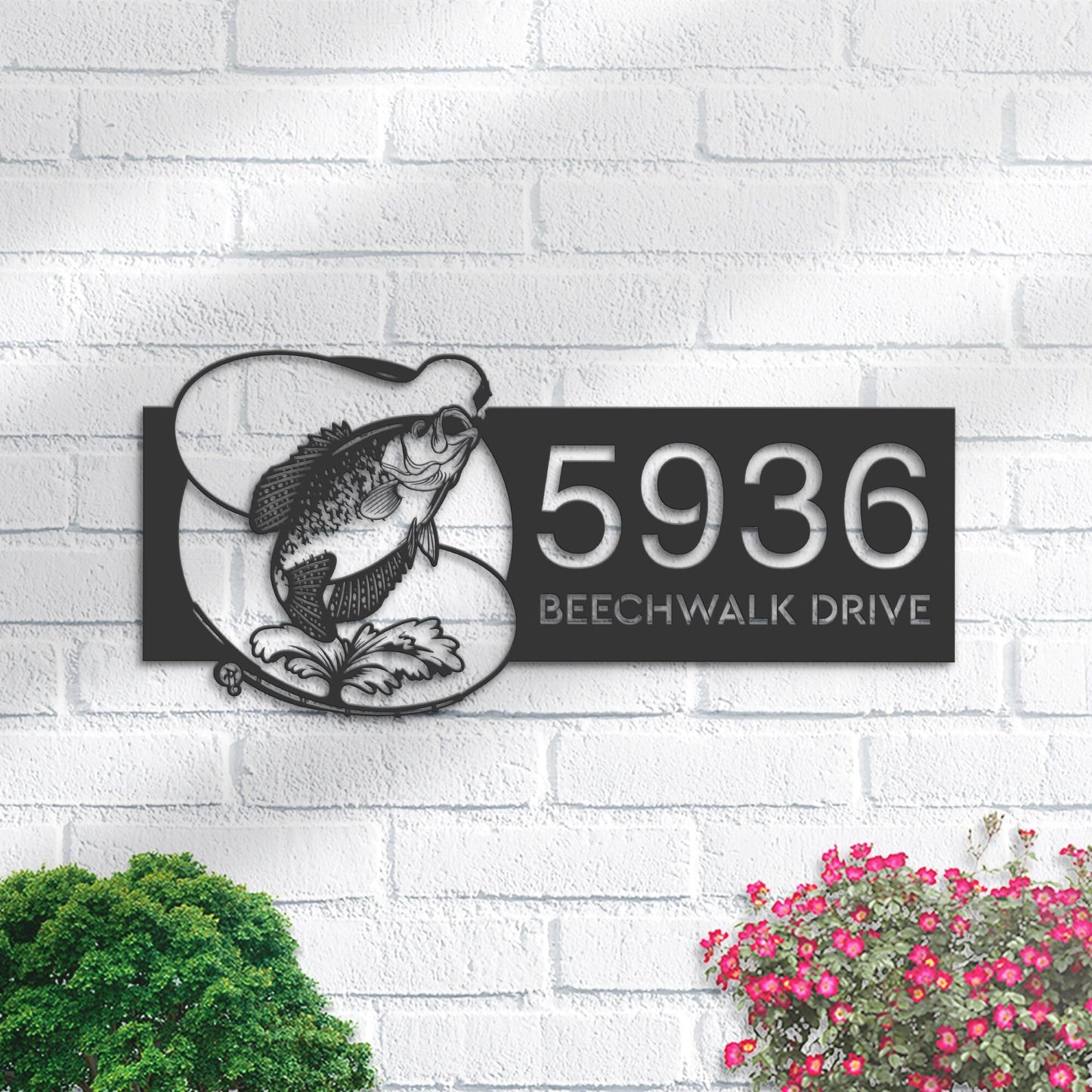Personalized Crappie fishing rod bait hook Metal Address Sign House number Hanging Address Plaque Yard Sign Outdoor Sign