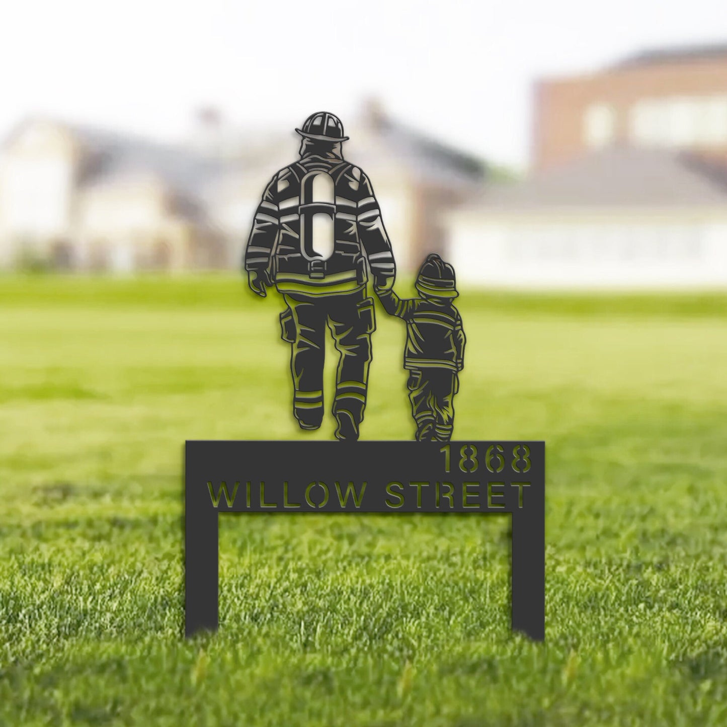 Personalized Firefighter father and son, Fireman Metal Address Sign | Hanging Address Plaque | Yard Sign, Outdoor Sign | Garden Stake
