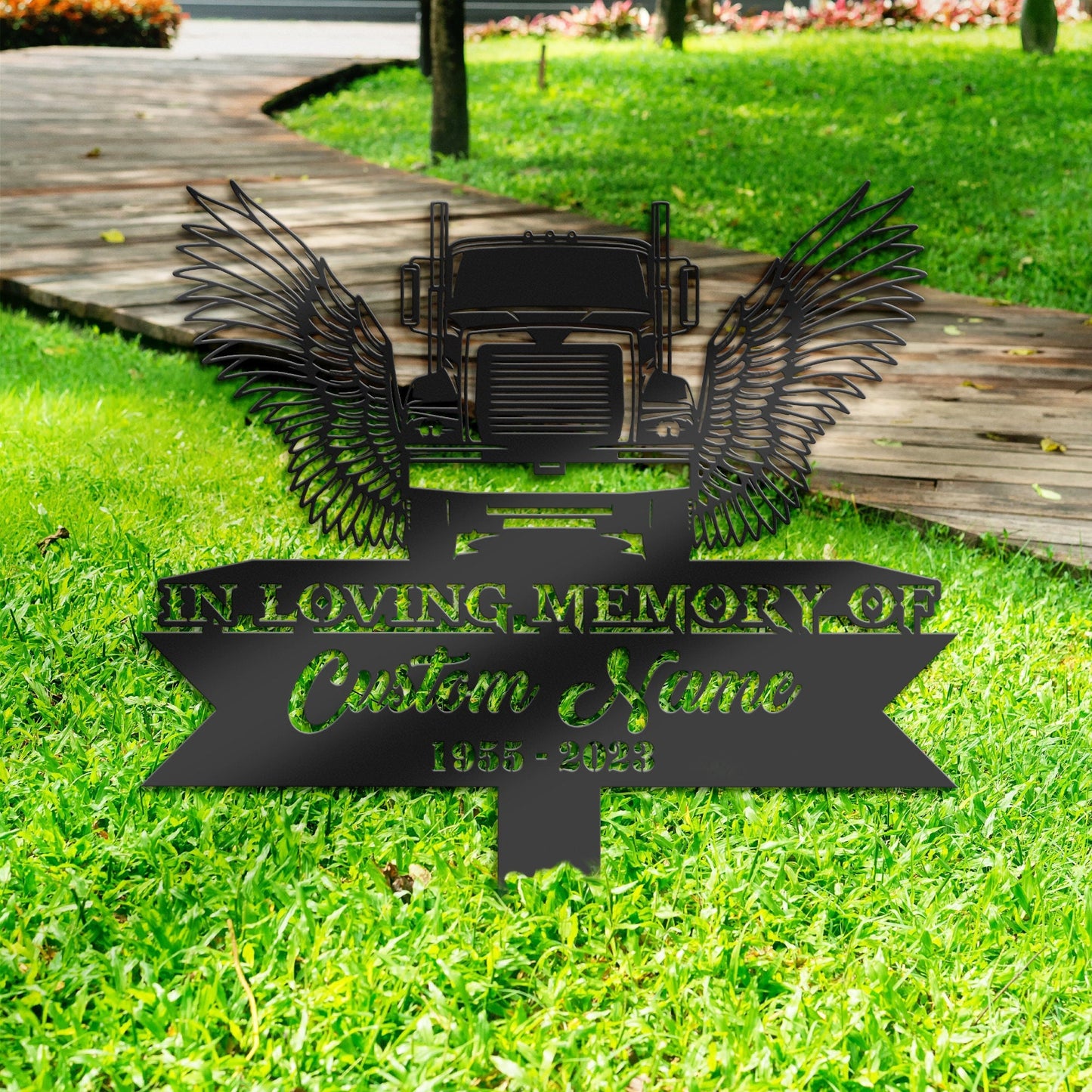 Personalized Semi truck trucker truck driver angel wings Memorial Stake, Metal Stake, Sympathy Sign, Grave Marker, Remembrance Stake