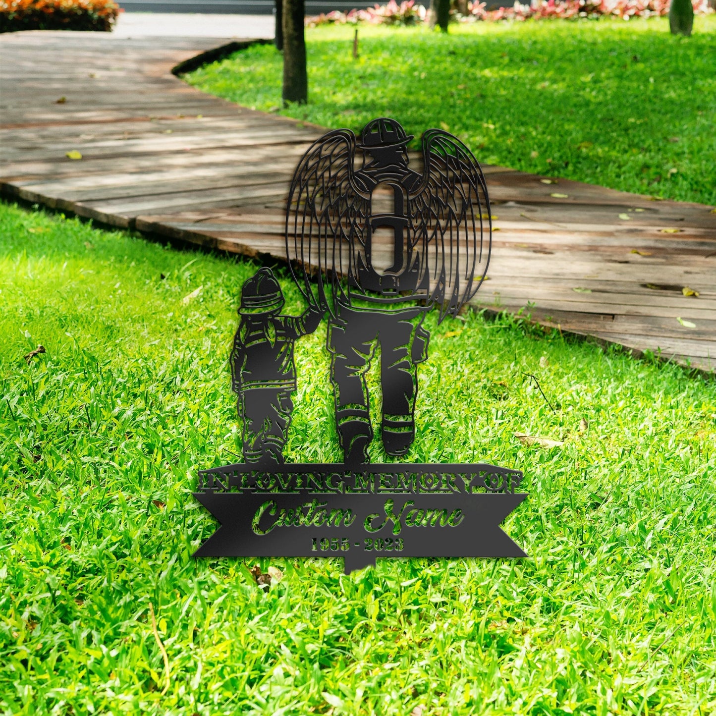 Personalized Angel fire fighter father and daughter Memorial Stake, Metal Stake, Sympathy Sign, Grave Marker, Remembrance Stake