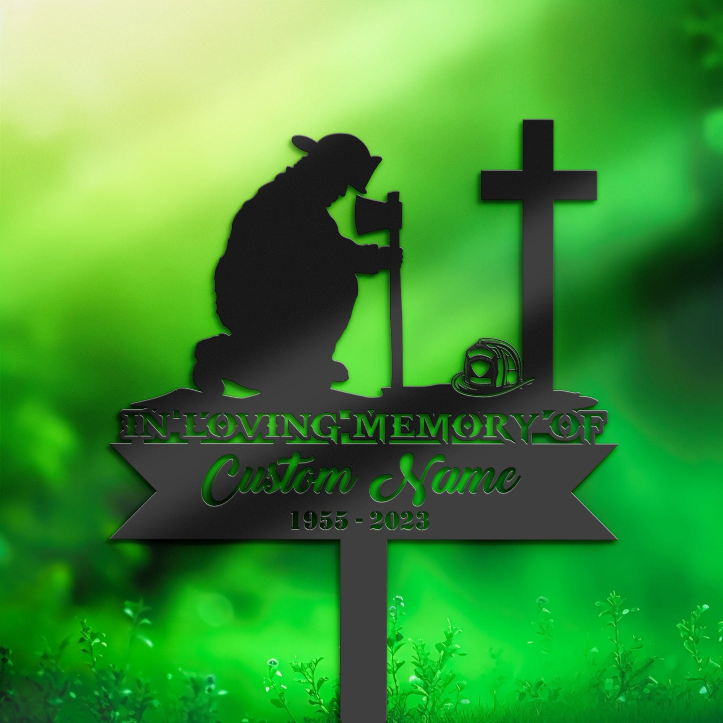Personalized Fire fighter kneeling at cross fireman Memorial Stake, Metal Stake, Sympathy Sign, Grave Marker, Remembrance Stake