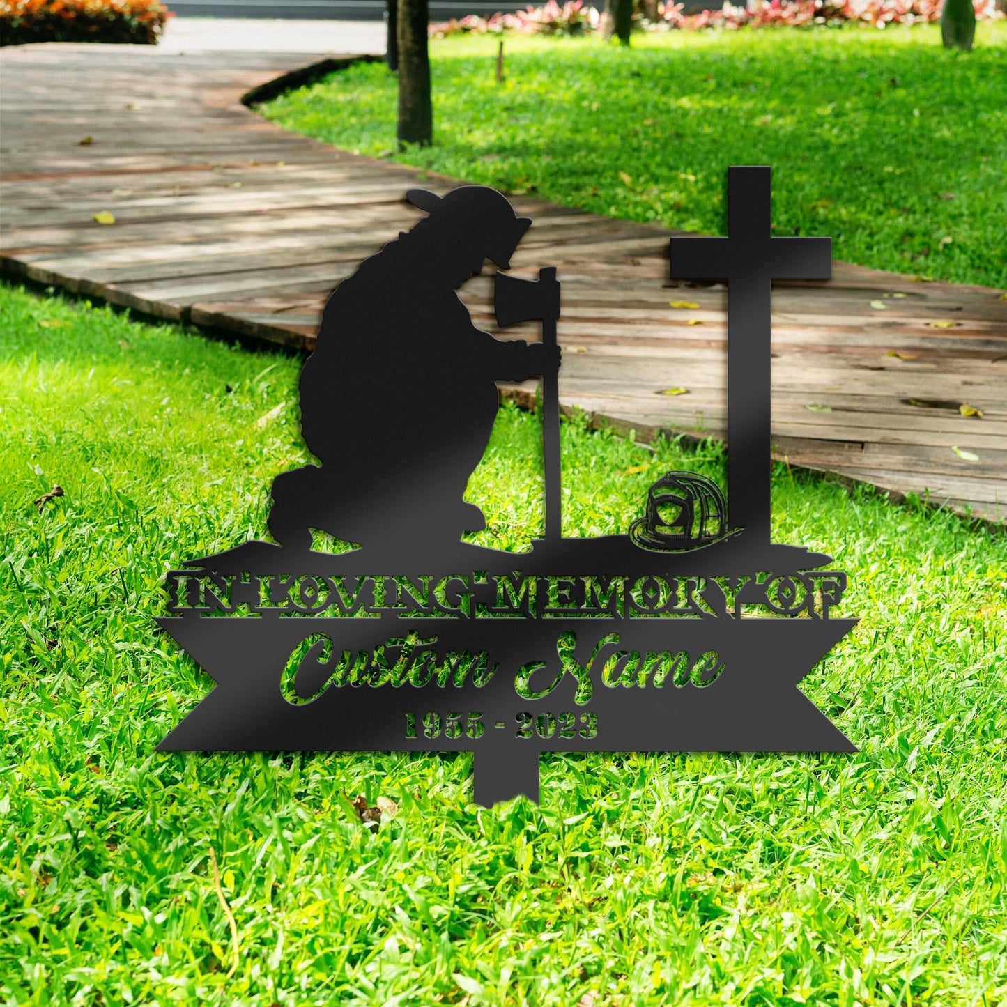 Personalized Fire fighter kneeling at cross fireman Memorial Stake, Metal Stake, Sympathy Sign, Grave Marker, Remembrance Stake