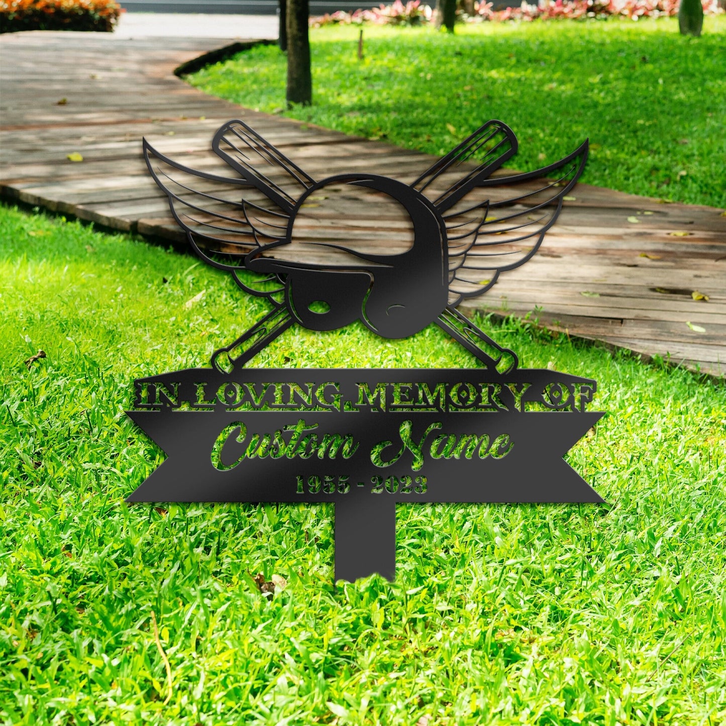 Personalized Baseball bat and helmet Memorial Stake, Metal Stake, Sympathy Sign, Grave Marker, Remembrance Stake