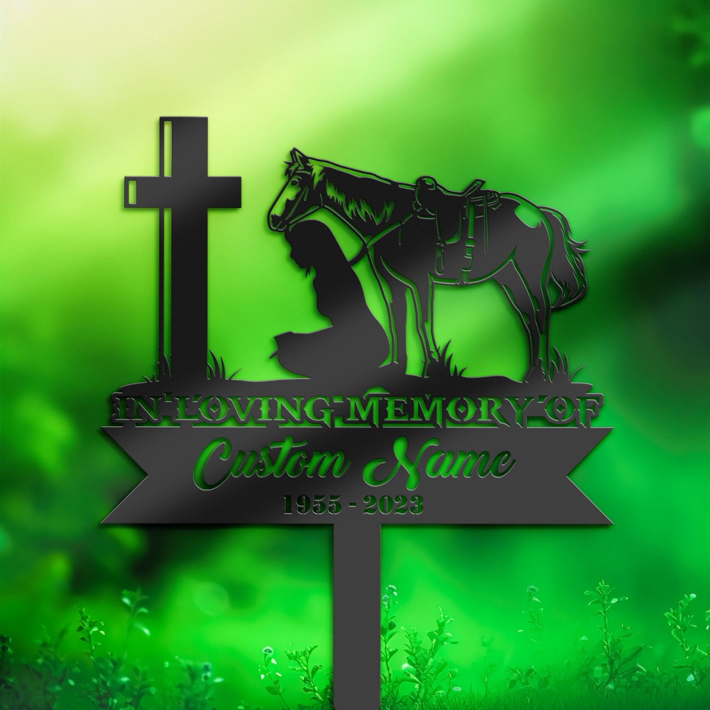 Personalized Cowgirl kneeling at cross Memorial Stake, Metal Stake, Sympathy Sign, Grave Marker, Remembrance Stake