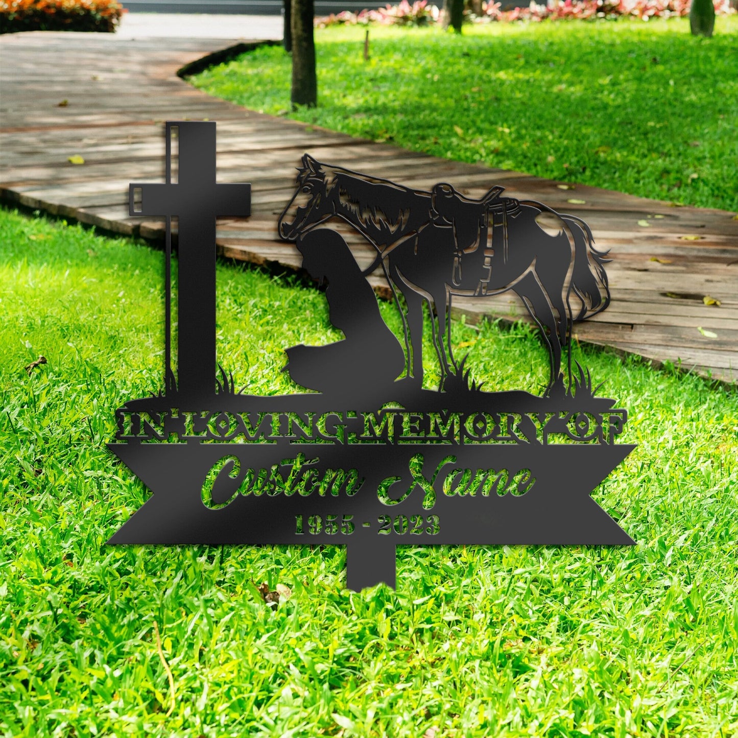 Personalized Cowgirl kneeling at cross Memorial Stake, Metal Stake, Sympathy Sign, Grave Marker, Remembrance Stake