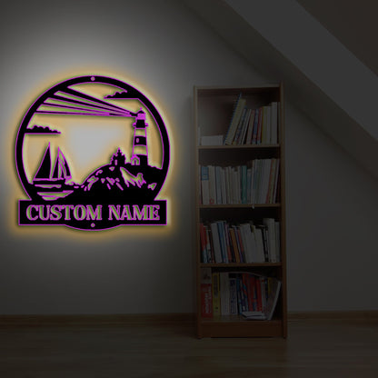 Custom Lighthouse Metal Wall Sign-Personalized Lighthouse Metal Art-Lighthouse Metal Wall Decor-Lighthouse Led Decor-Lighthouse Name Signs