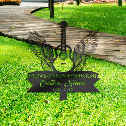 Personalized Acoustic guitar angel wings Memorial Stake, Metal Stake, Sympathy Sign, Grave Marker, Remembrance Stake