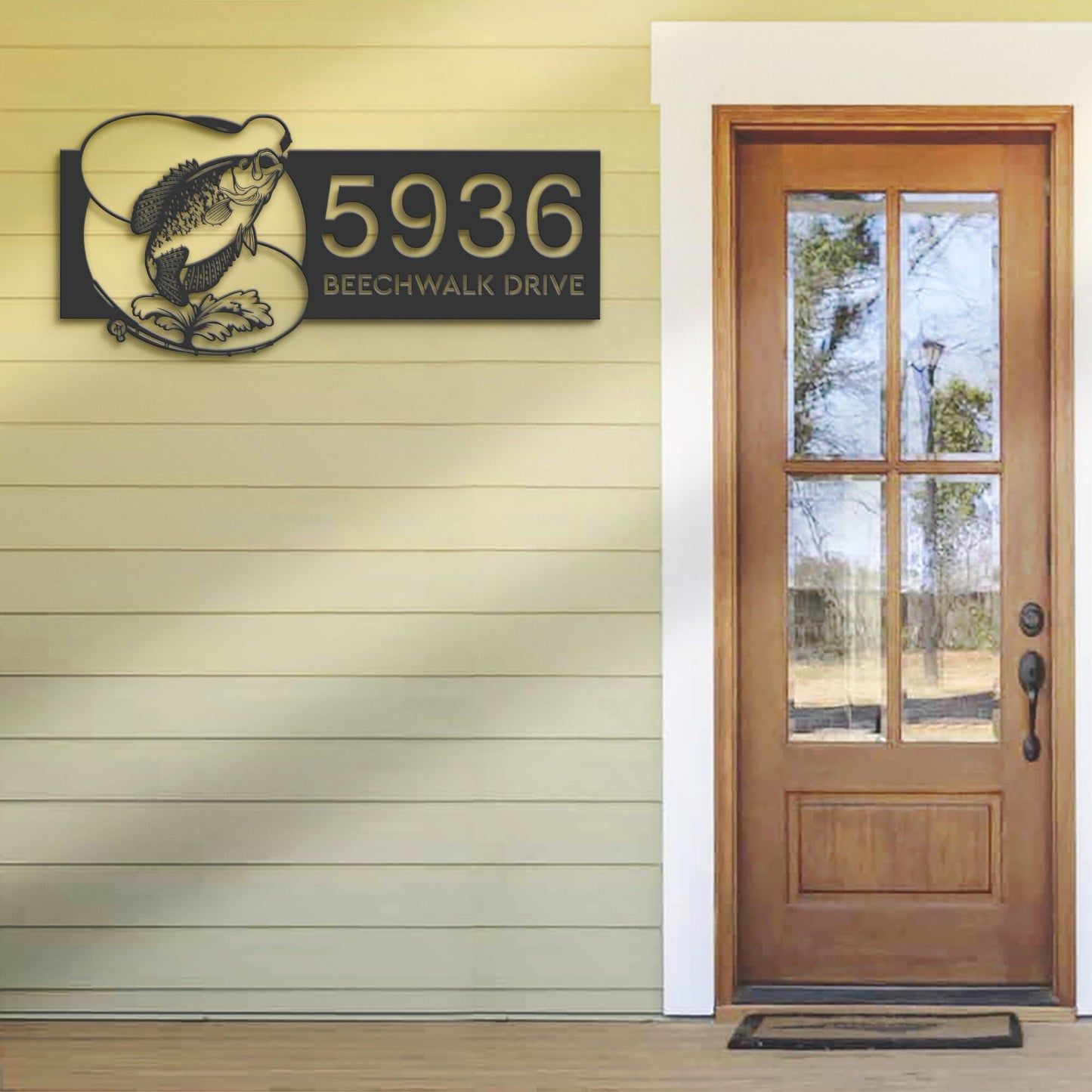 Personalized Crappie fishing rod bait hook Metal Address Sign House number Hanging Address Plaque Yard Sign Outdoor Sign