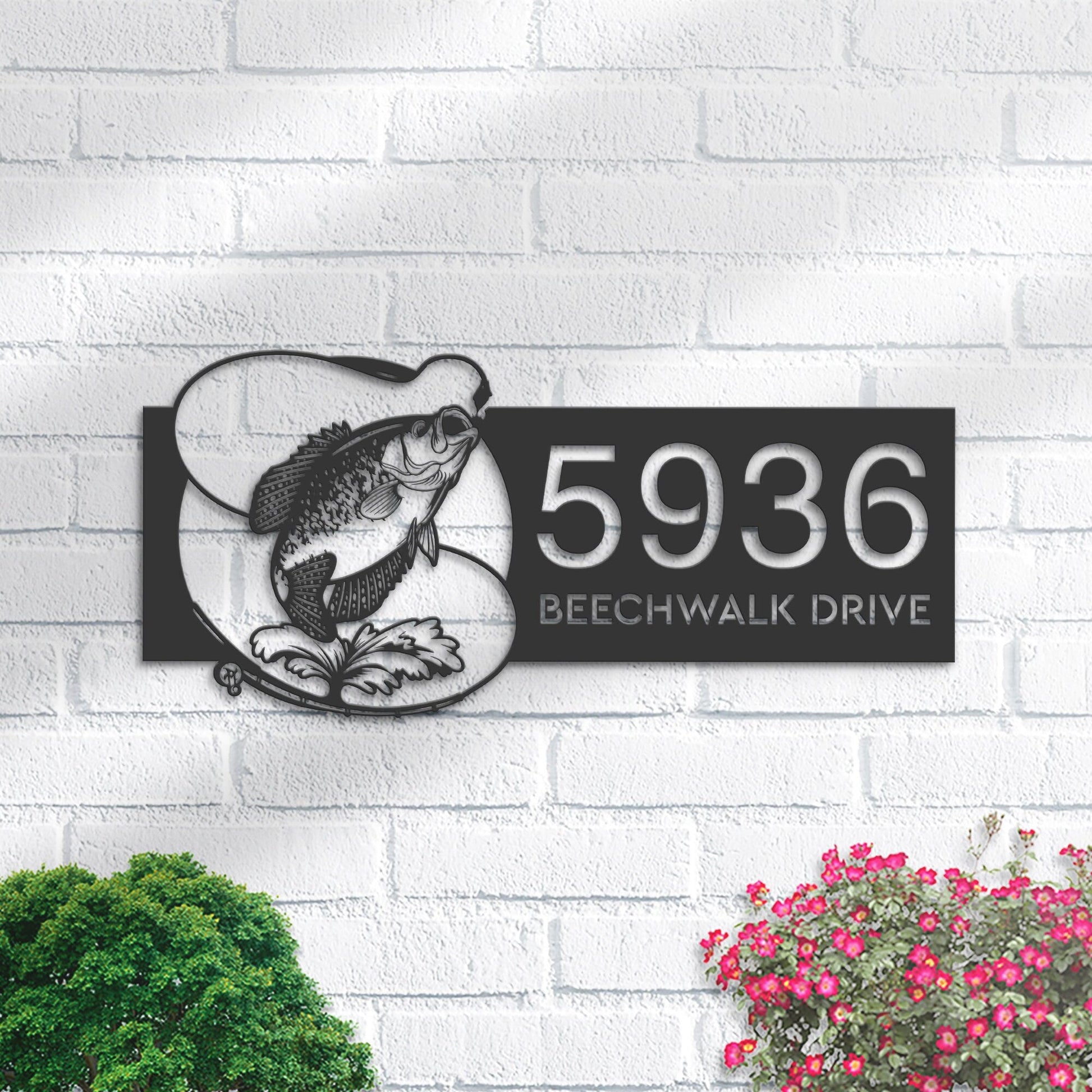 Personalized Crappie fishing rod bait hook Metal Address Sign House number Hanging Address Plaque Yard Sign Outdoor Sign