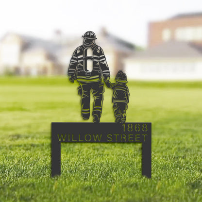 Personalized Firefighter father and son, Fireman Metal Address Sign | Hanging Address Plaque | Yard Sign, Outdoor Sign | Garden Stake
