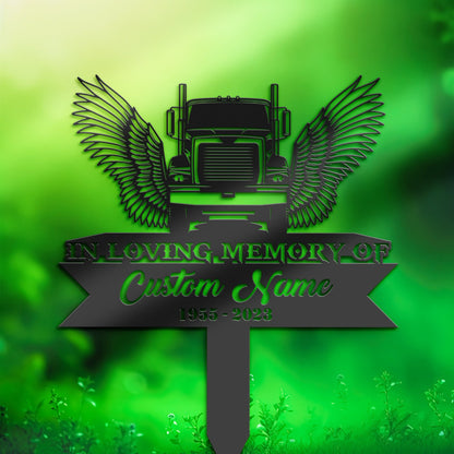 Personalized Semi truck trucker truck driver angel wings Memorial Stake, Metal Stake, Sympathy Sign, Grave Marker, Remembrance Stake