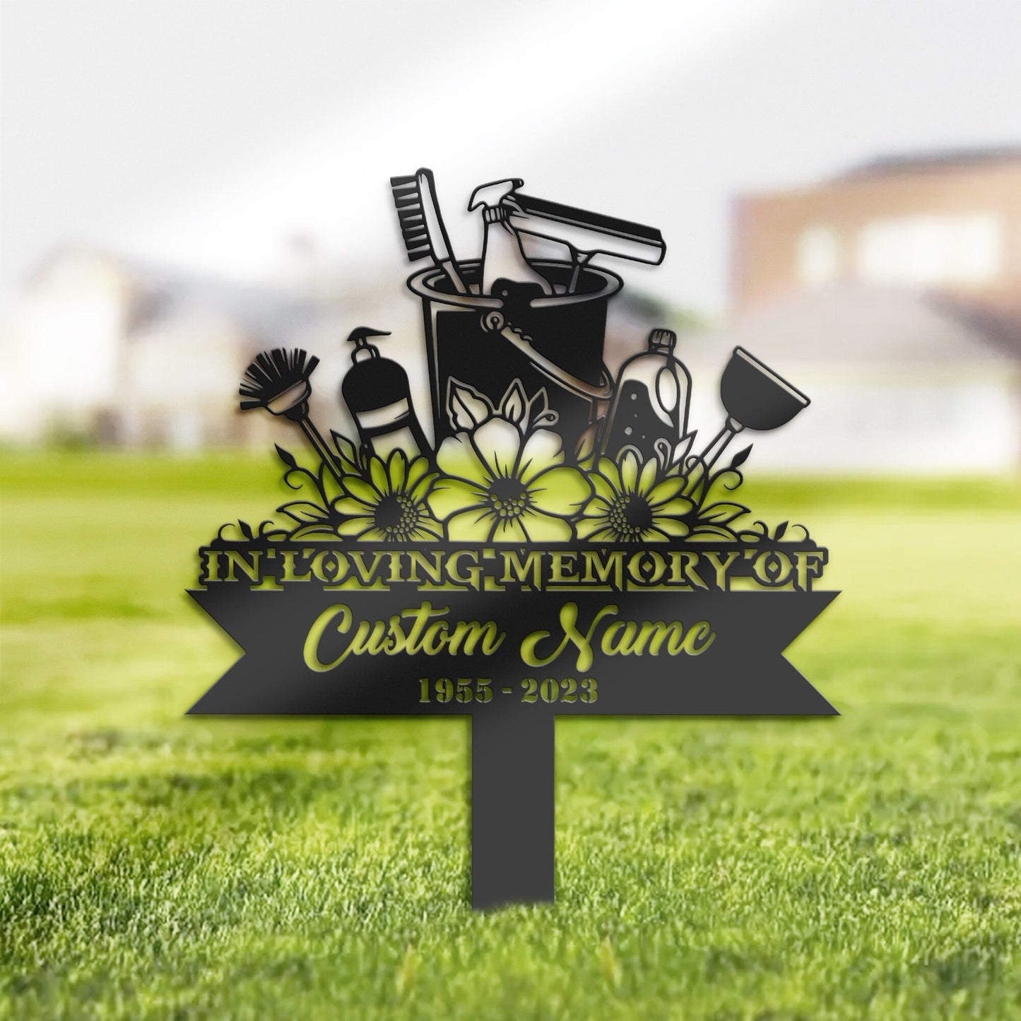 Personalized Floral cleaning tools maid Memorial Stake, Metal Stake, Sympathy Sign, Grave Marker, Remembrance Stake
