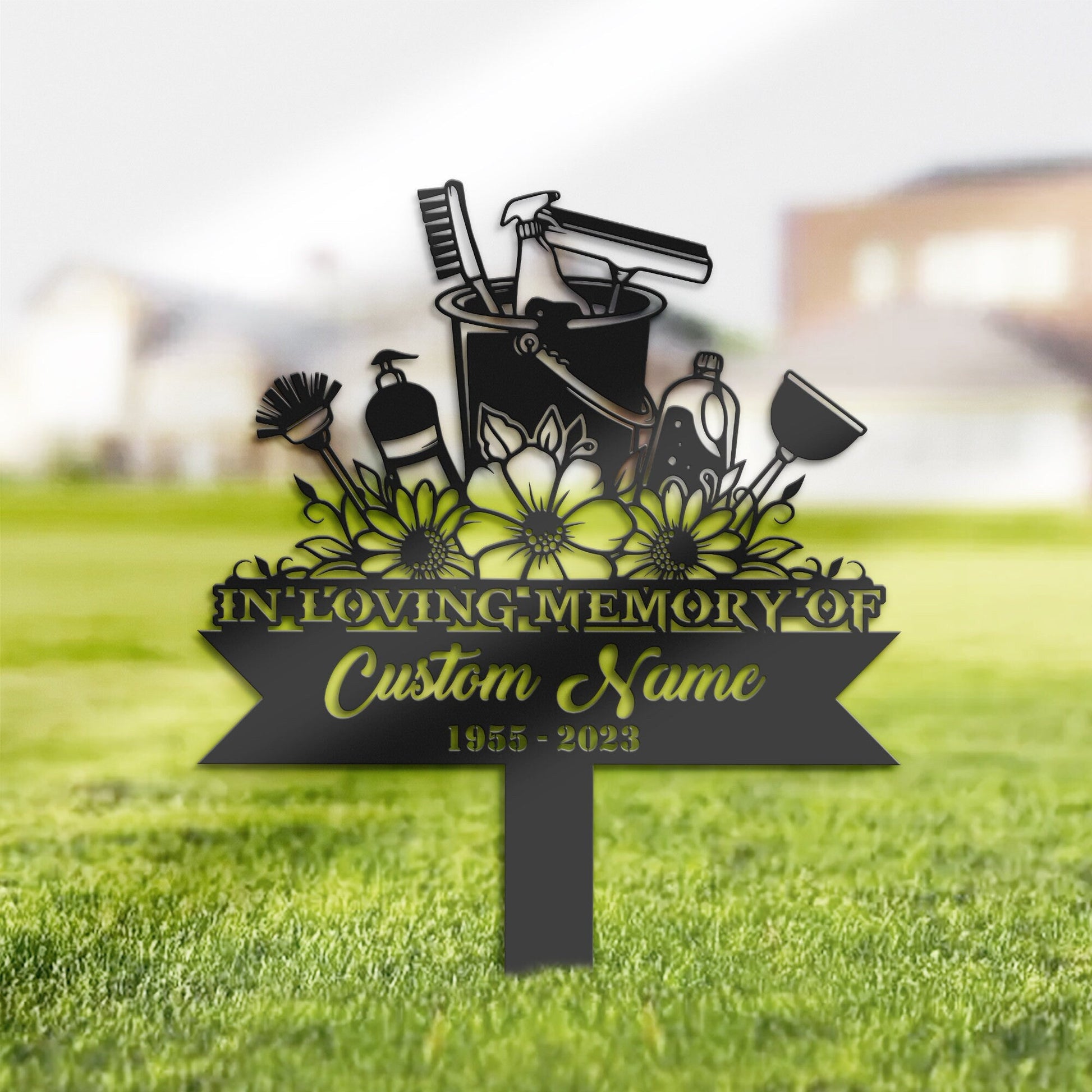 Personalized Floral cleaning tools maid Memorial Stake, Metal Stake, Sympathy Sign, Grave Marker, Remembrance Stake