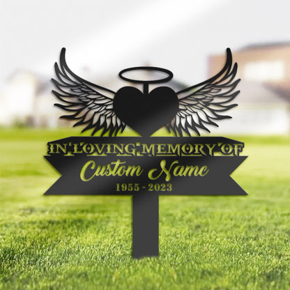 Personalized Heart angel wings Memorial Stake, Metal Stake, Sympathy Sign, Grave Marker, Remembrance Stake