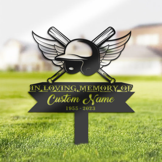 Personalized Baseball bat and helmet Memorial Stake, Metal Stake, Sympathy Sign, Grave Marker, Remembrance Stake
