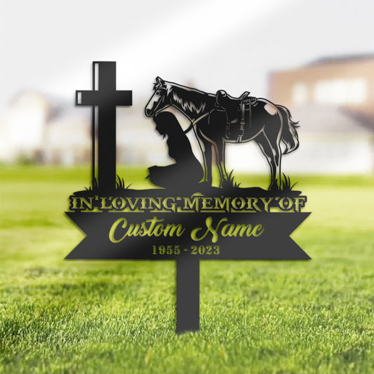 Personalized Cowgirl kneeling at cross Memorial Stake, Metal Stake, Sympathy Sign, Grave Marker, Remembrance Stake