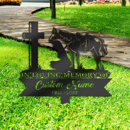 Personalized Cowgirl kneeling at cross Memorial Stake, Metal Stake, Sympathy Sign, Grave Marker, Remembrance Stake